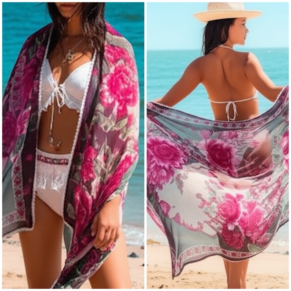 Gorgeous Earthy Pink/Purple Floral Gauzy Lace Trimmed‎ Pashmina Large Wrap Scarf